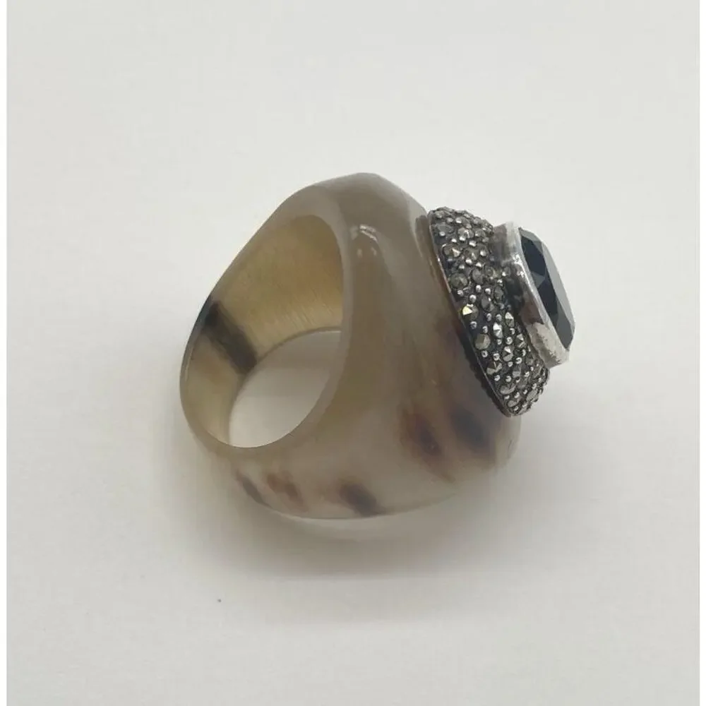 925 Sterling Silver Ring Black Onyx Ring Marcasite Buffalo Horn Art Deco Sz 6